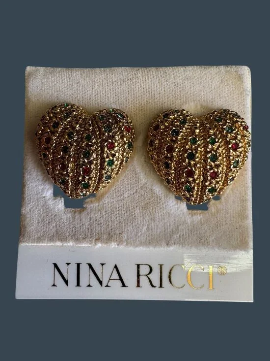 Nina Ricci Gold Tone Heart Clip On Earrings Red Green Rhinestones 1" - Picture 4 of 8